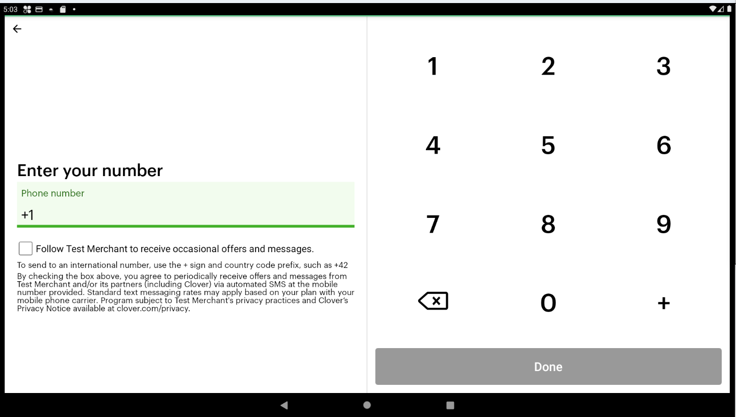 A Clover terminal screen prompting the customer to enter their phone number, with a keypad