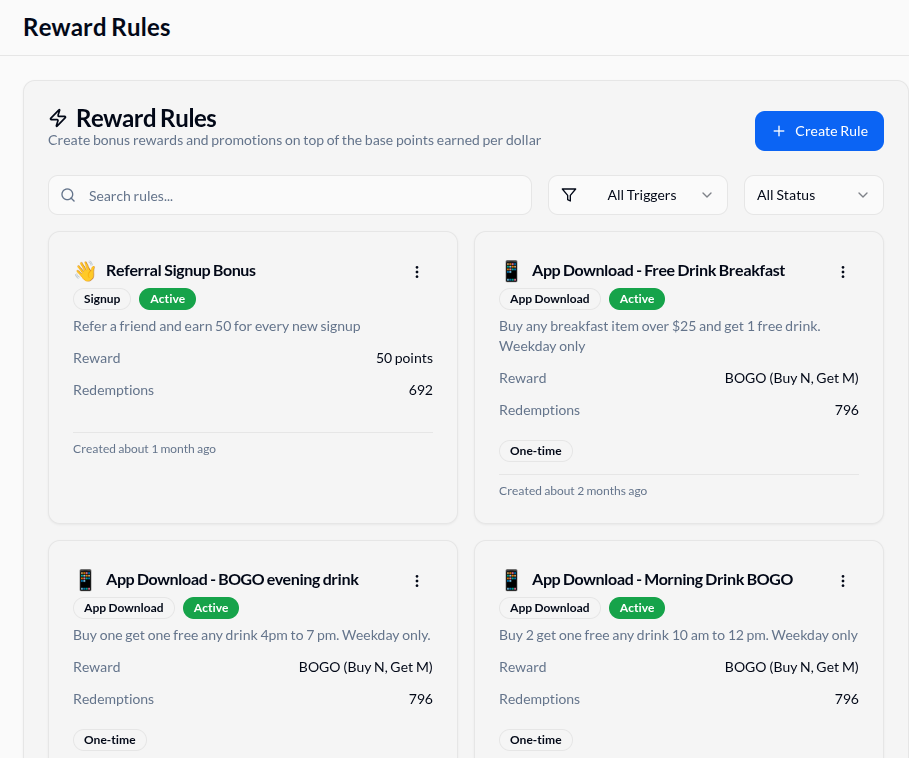 The Clover Core Reward Rules screen, showing configurable bonus and promotion rules