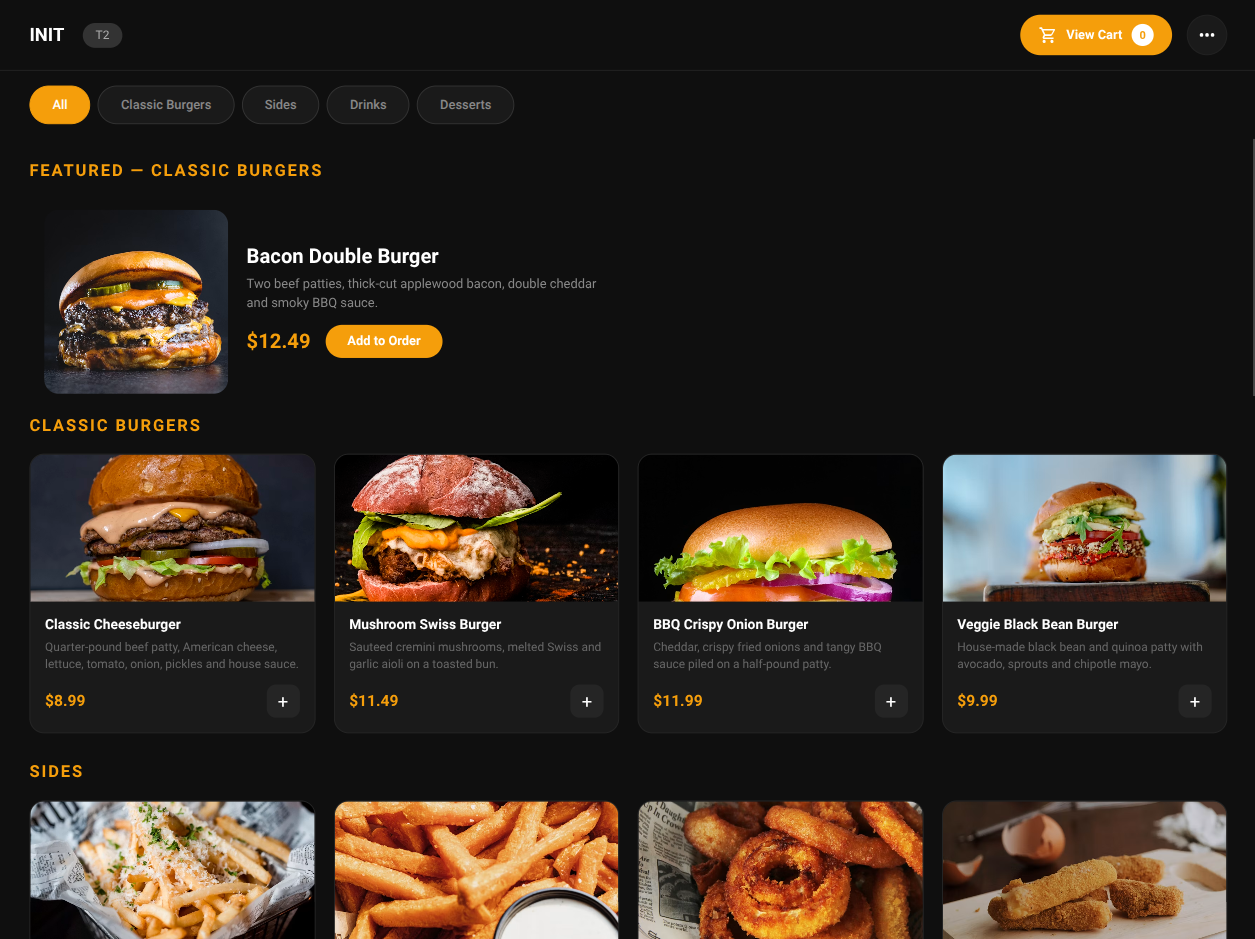 The tableside ordering menu on a tablet, showing burgers, sides and a cart